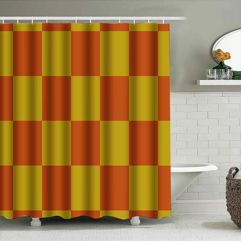 Tenda Doccia a Quadri Decorazione Bagno Moderna Per Casa Soggiorno Colori Vivaci Design Tessuto Lavabile Con Ganci Arancione Giallo Ch