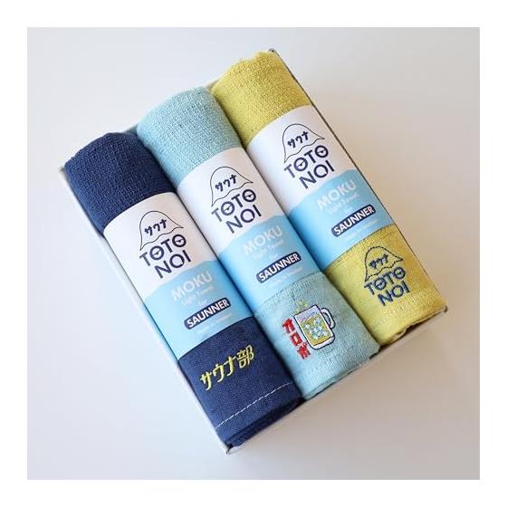 Sauna MOKU Face Towel M Size 3-Piece Gift Set - Sauna Club (Navy), Oropo (Aqua), TOTONOI-kun (Lemon)