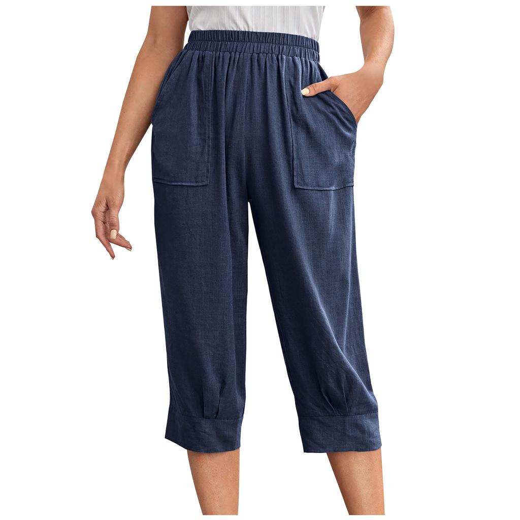 Spring and Autumn Solid Color Large Pocket Pants Elastic Waist Loose Women’s Trousers