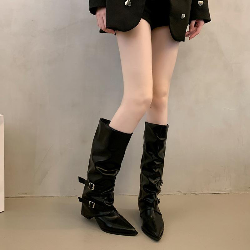 Pleated Retro Western Boots Women's New Fashion Casual Thick Heel Medium Boots Women's Knee Knight Boots