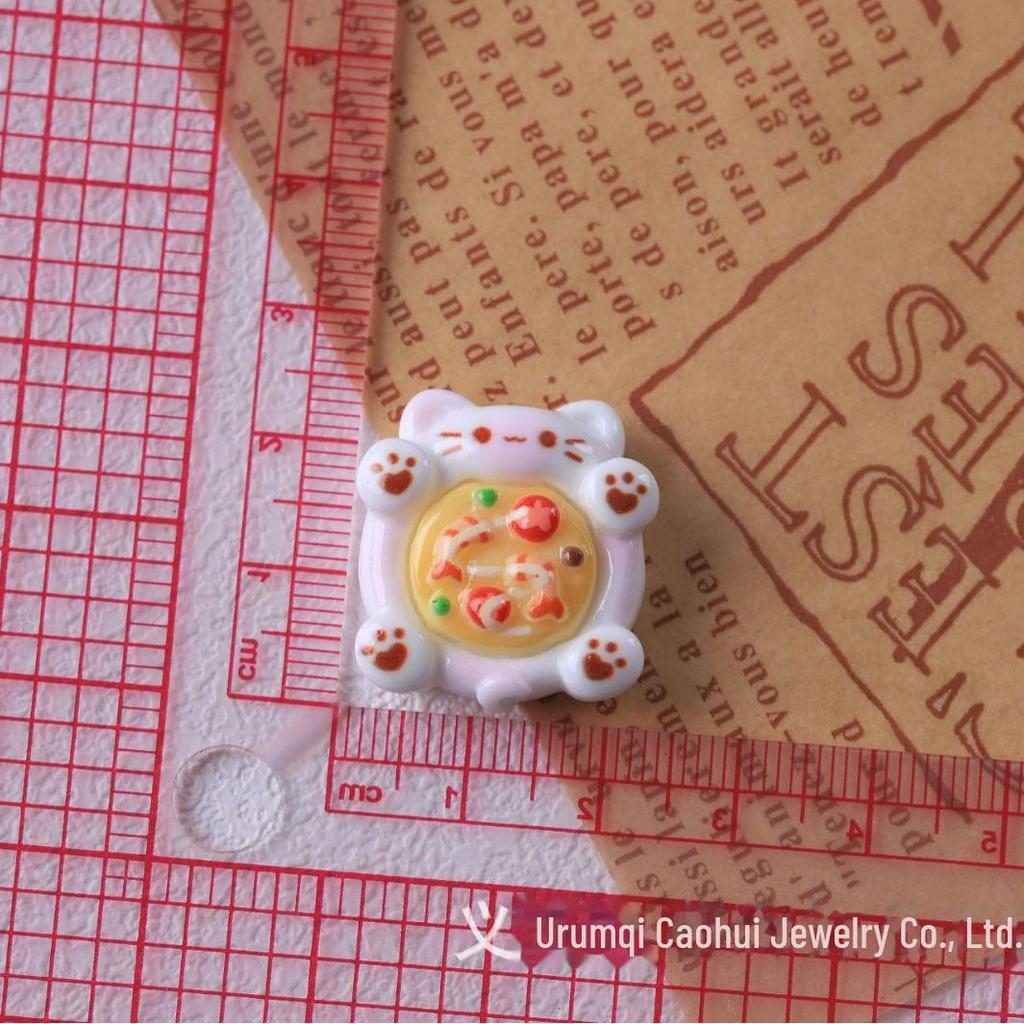 Adorable Cat Pizza DIY Keychain Kit: Includes Handmade Materials, Resin, Patch, Cream Glue, and Accessories for Food Play Simulation.