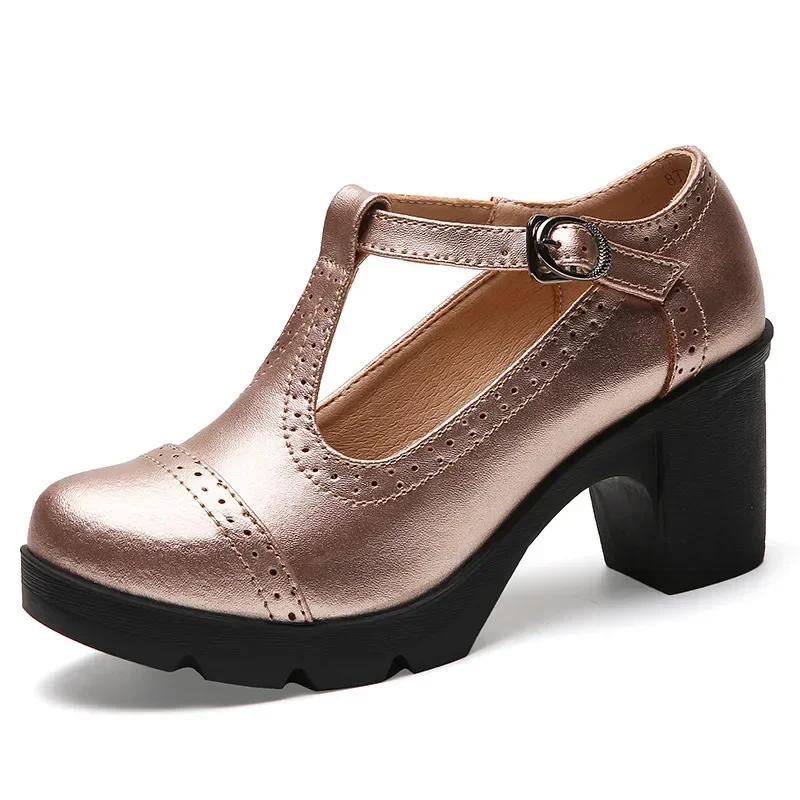Modă Modă Stil Britanic Pantofi Mary Jane cu Vârf Rotund Piele Decupată Tocuri Pătrate Platformă Retro Pantofi de Dans pentru Femei