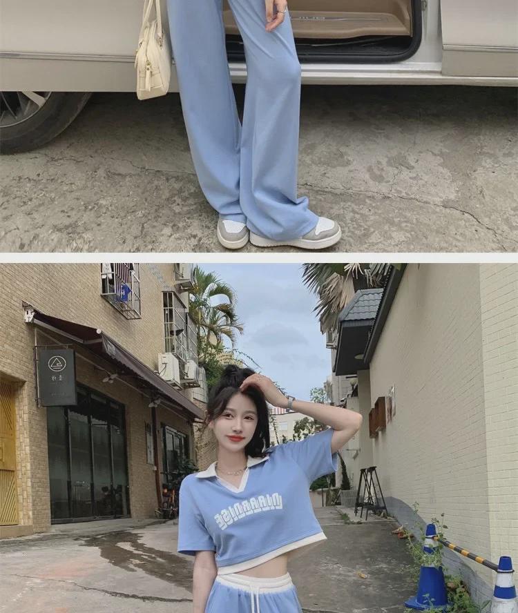 Dámský letní sportovní ležérní dvoudílný oblek: Polokošile a kalhoty s riasením