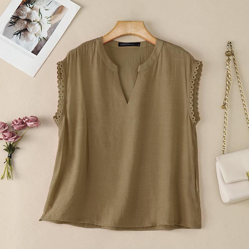 

ZANZEA Women Casual V-Neck Solid Color Loose Lace Splice Short Sleeve Blouse 5XL хакі