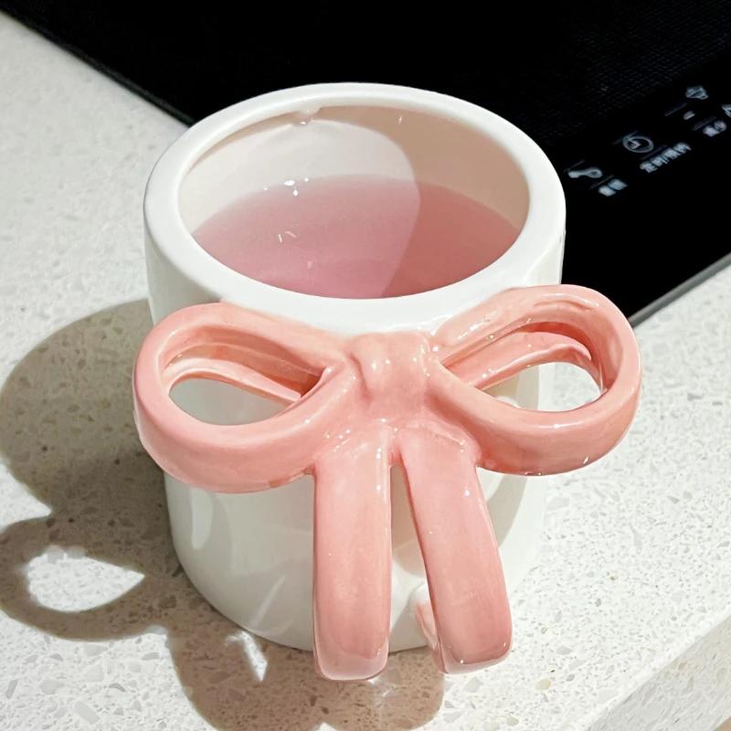 Cute Pink Bow Ceramic Water Cup High Appearance Level Coffee Cup Girl's Mug Office Home Niche Couple Cup