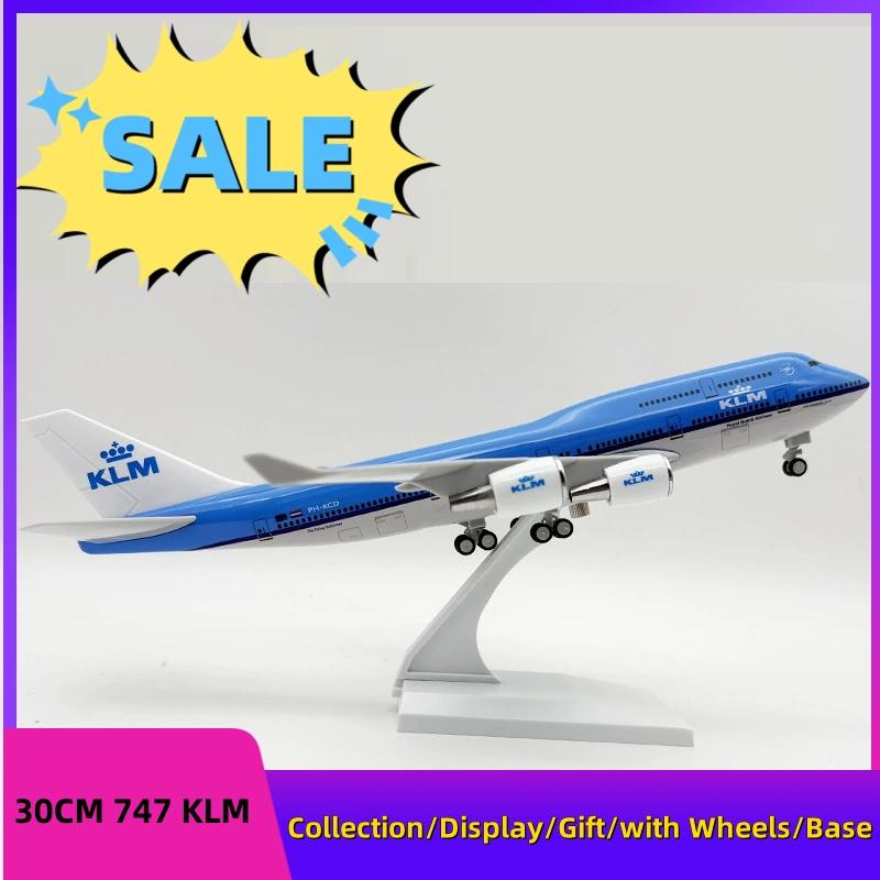 30CM Diecast Airplane Model B747 KLM Airlines Models Aircraft With Base Landing Gear Wheels 1/240 Scale Resin Aircraft Plane