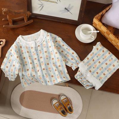 Sommer-Pyjama-Set aus Baumwolle für Kinder - Atmungsaktives 9-Ärmel-Oberteil und lange Hose für Kinder.