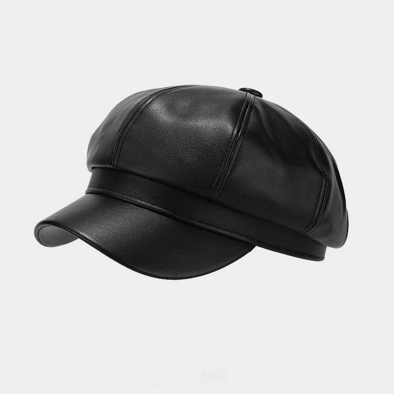 

New Unisex PU Leather Beret Retro Korean Style Octagonal Newsboy Artist Cap For Photography Dates And Urban Commuting чёрный