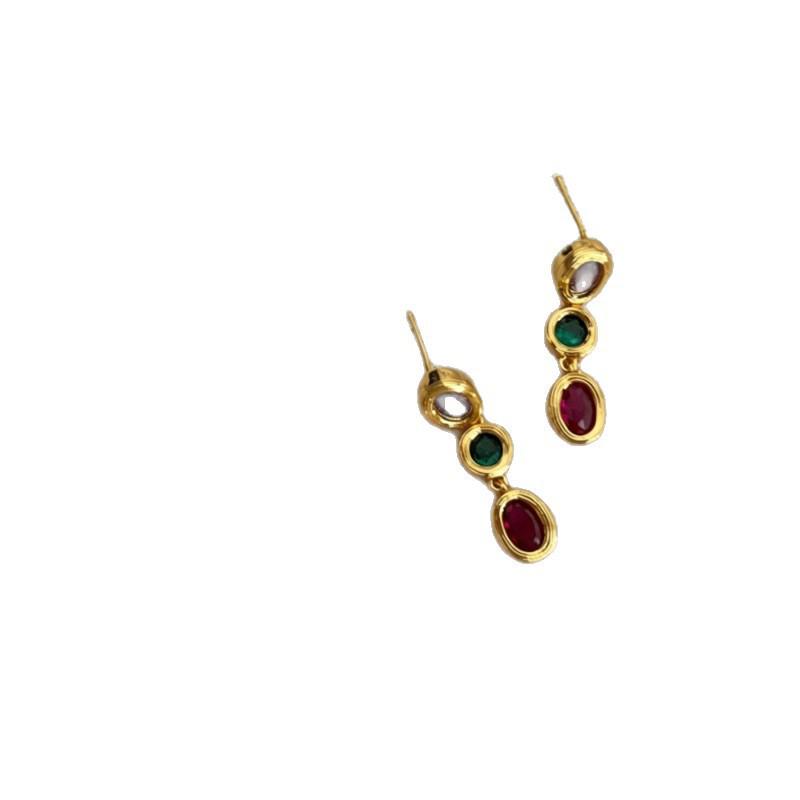 French Retro Colored Gem Gold-Dipped Copper Dangle Earrings for Women - Versatile Commuting Accessories