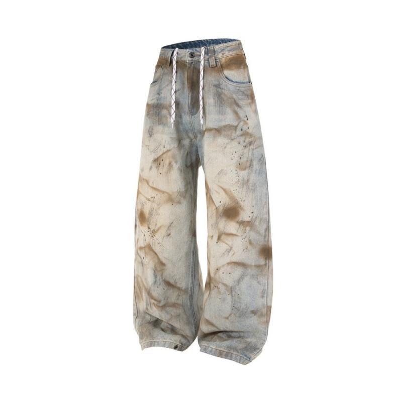 Mens Loose Wide-Leg Jeans Streetwear Punk Tie-Dye Wash Casual Long Pants