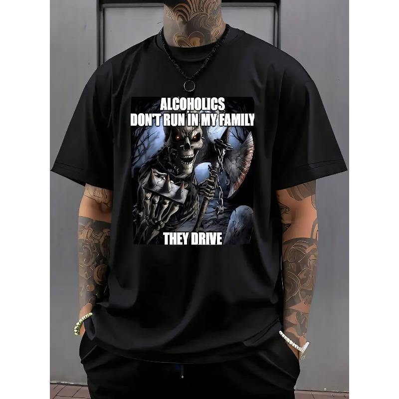 

European sizes Men S Casual Summer T-Shirt with Alcoholics Don t Run in My Family, They Drive Graphic - White, Short Sleeve, Round Neck, 4XL чорний