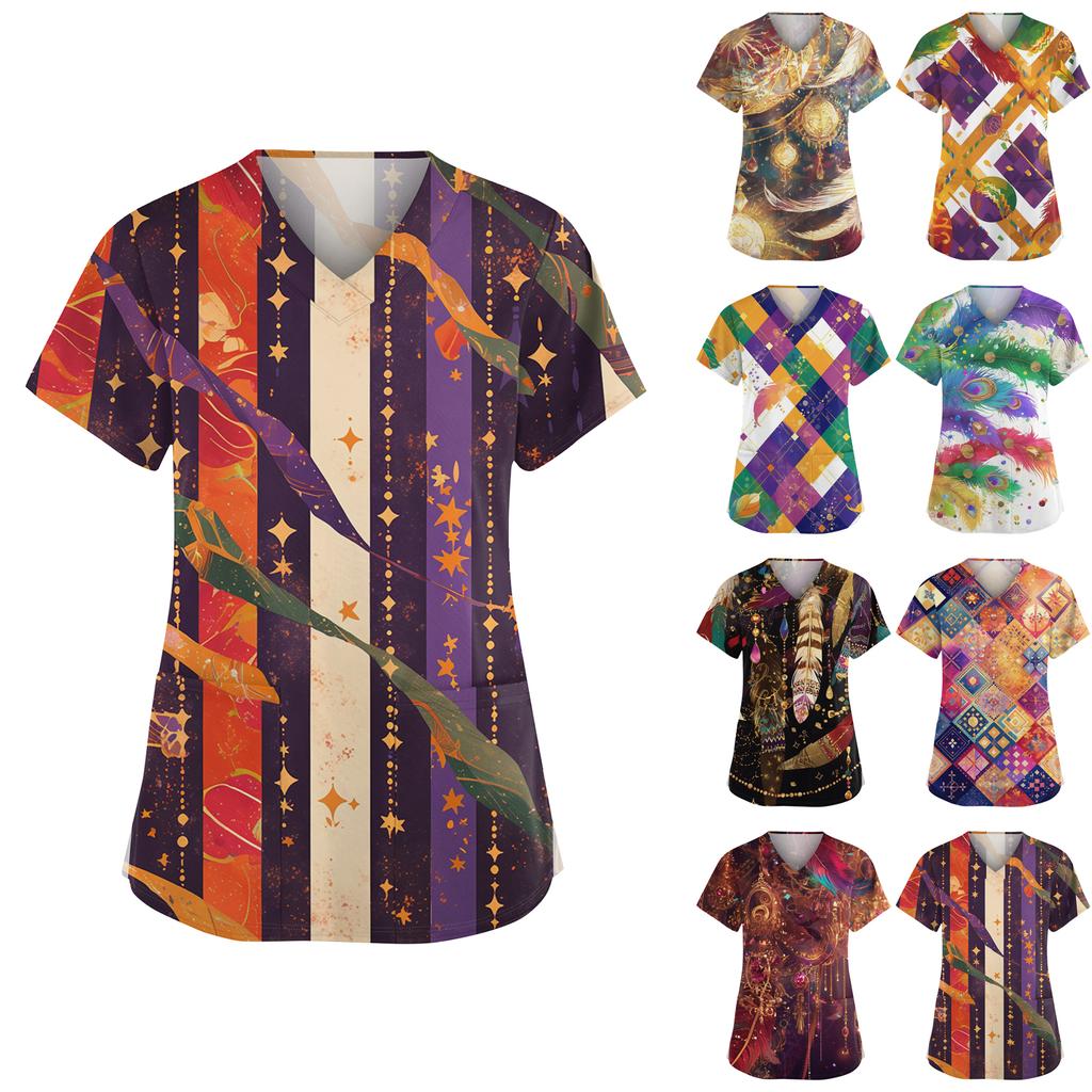 Women's Fashionable V-neck Workwear Printed Short Sleeved Pocket Side Slit Workwear Basic Pullover Top