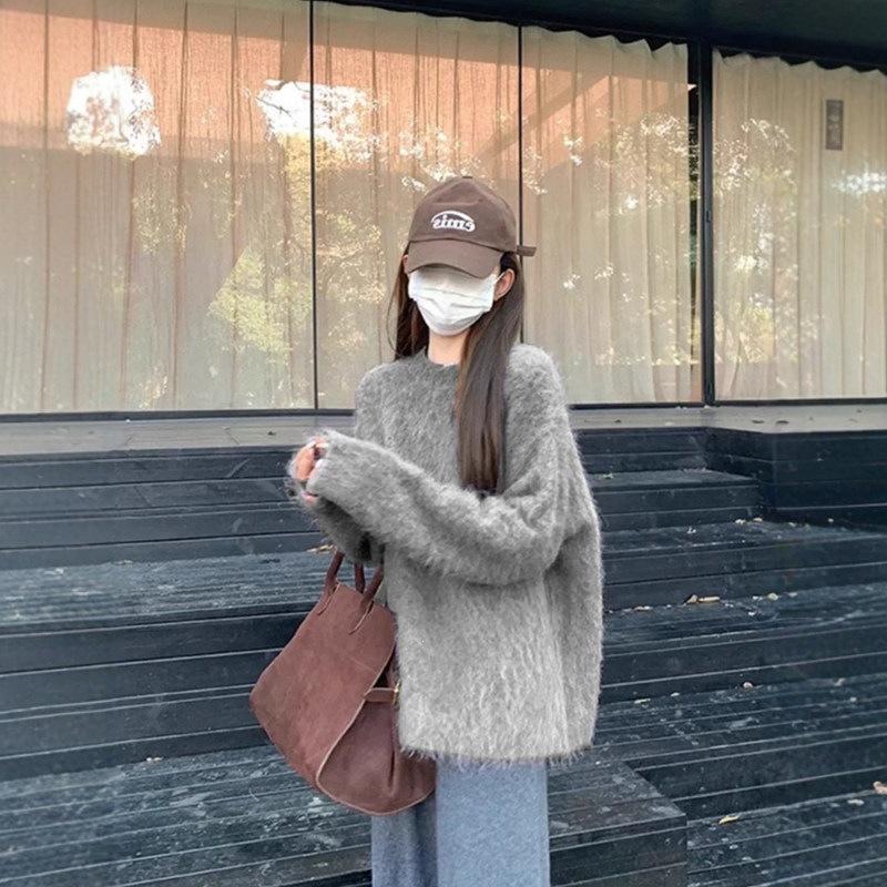 Women's Cozy Gray Imitation Mink Velvet Round Neck Sweater, Perfect for Autumn and Winter.
