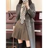 High-end Grey Long Coat for Women, Vintage Double-breasted Long Sleeve Outerwear