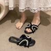 Small fragrant wind cool slippers women wear 2025 summer new fairy wind pearl fashion flat bottom one word slippers women tide