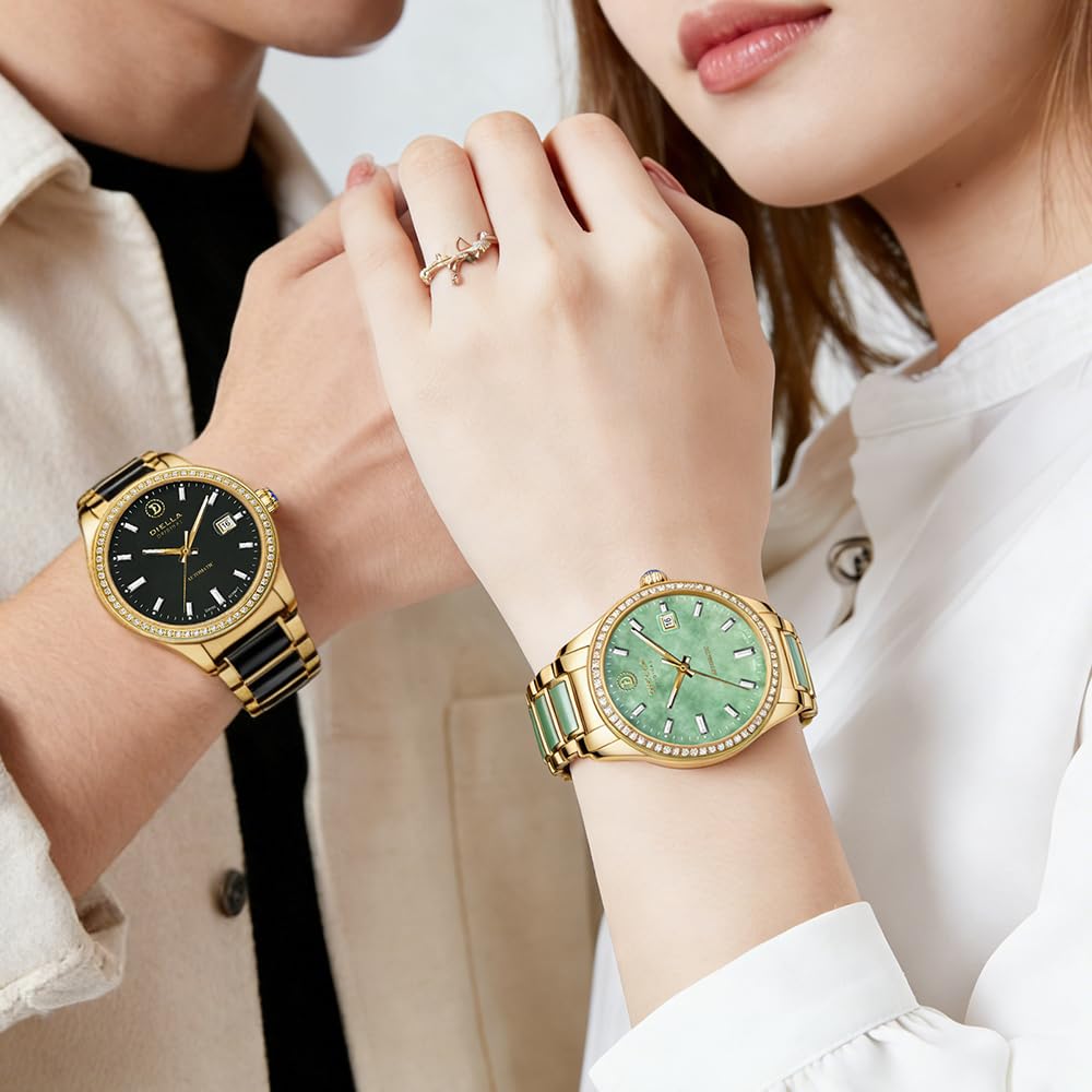 Diella Men's Mechanical Watch with Jadeite Cut, Unique Texture, Date Display, Luminous Hands and Markers, and 5 ATM Water Resistance (AD6097-QY-G)