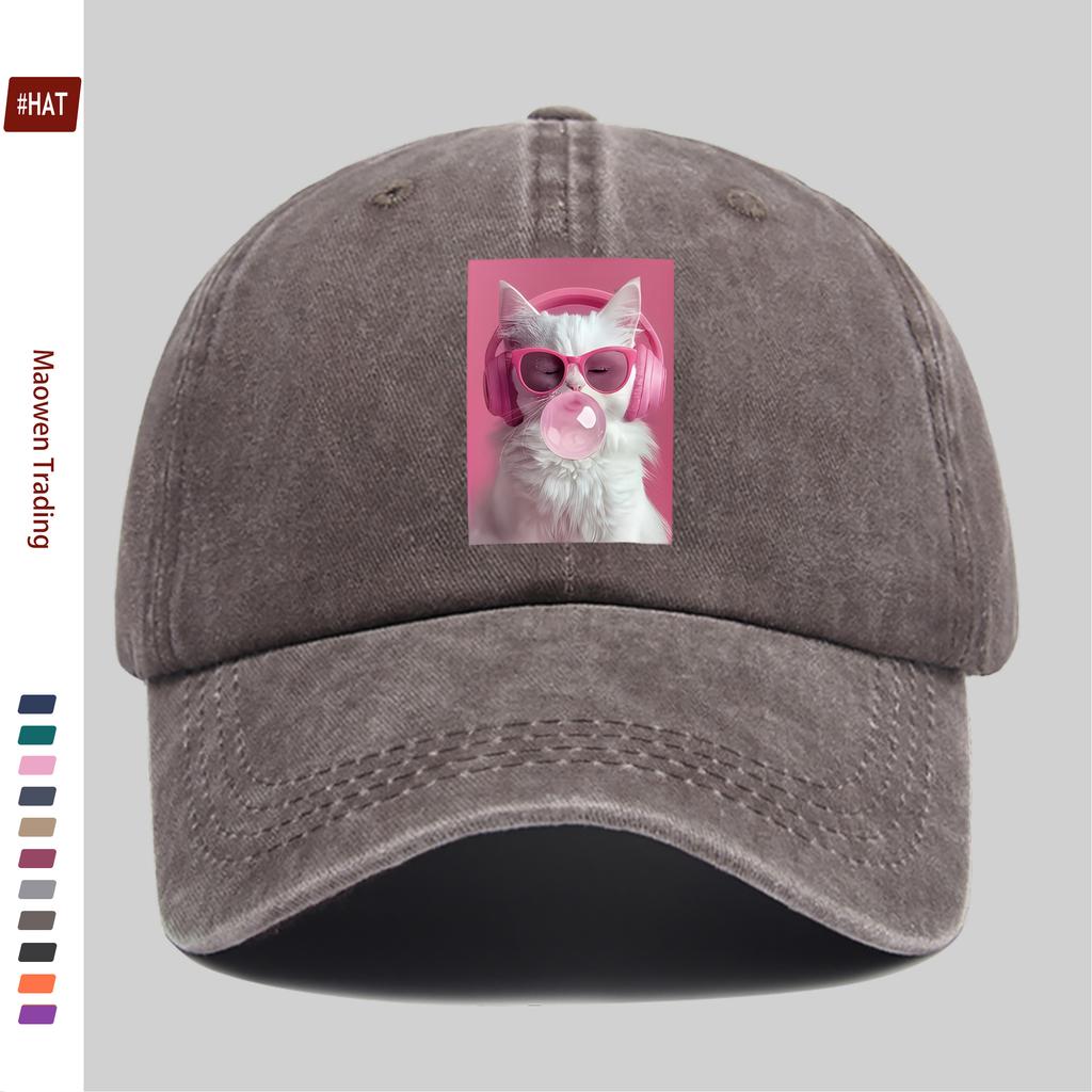 Pc Printed Cat Wearing Pink Headphones And Glasses Blowing Bubblegum Pattern Baseball Cap Comfortable Casual Printed Design De