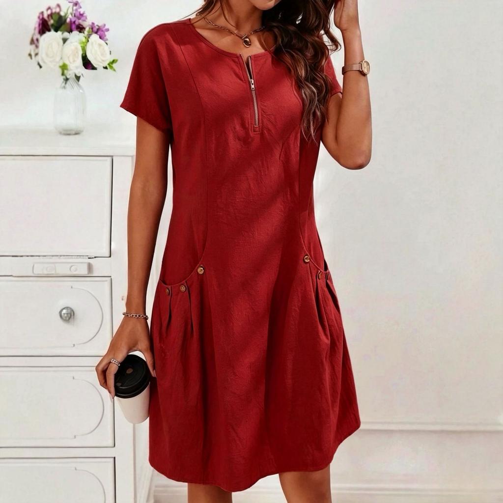 New European and American women's clothing pure cotton cotton and linen pocket zipper collar short-sleeved button dress