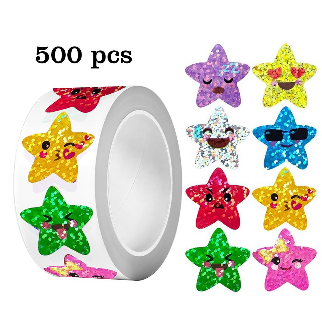 500pcs/roll Laser Star Smile Stickers Per Roll 25mm Reward Chart Decals Cute Labels for Kids Teachers Reward Stickers Decoration