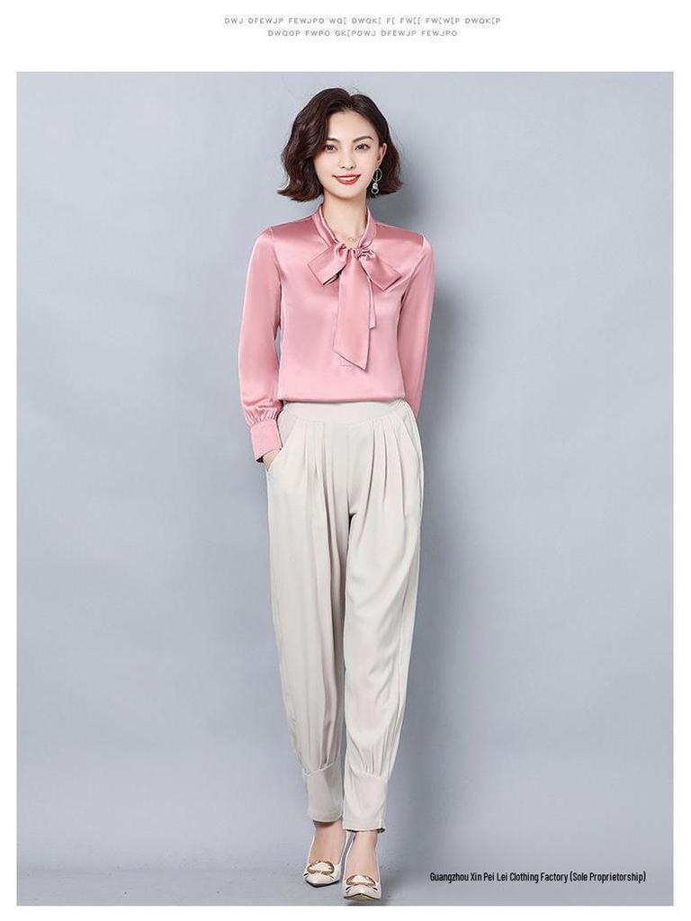 2025 Neues Damen Übergröße Langarm Maulbeerseidenhemd: Vielseitige Unifarbe für Frühling & Herbst