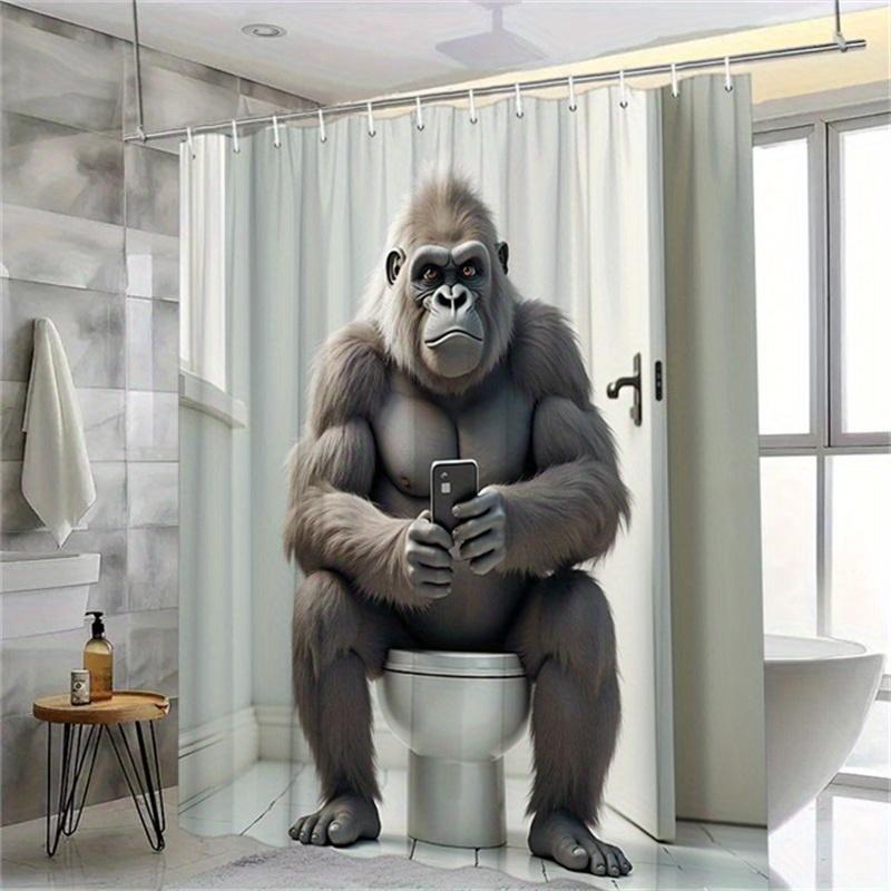 Funny Gorilla Sitting On Toilet Shower Curtain Humorous Bathroom Decoration, Including 12 Hooks, Modern Bathroom Design