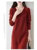 2025 Herbst/Winter Damen Woll V-Ausschnitt Knielanges Pulloverkleid mit Schlitz