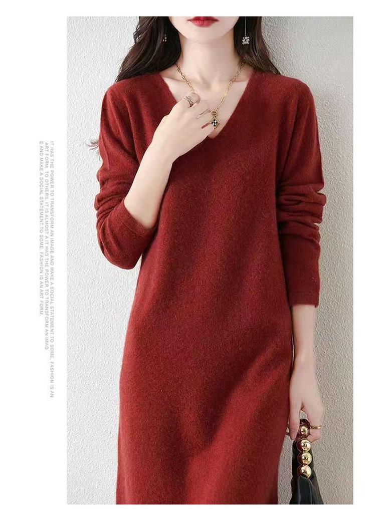 2025 Herbst/Winter Damen Woll V-Ausschnitt Knielanges Pulloverkleid mit Schlitz