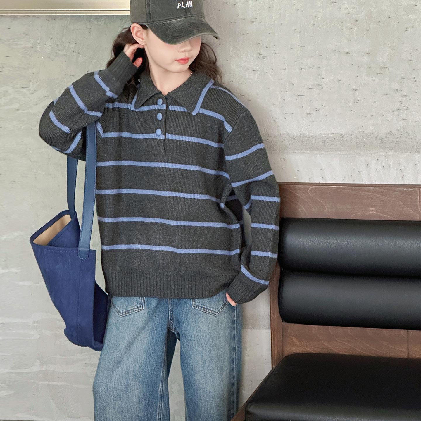 

Поло-свитер для девочек, вязаный в полоску, на весну/осень 2025 - Топ в корейском стиле для девочек-подростков 170 cm серый