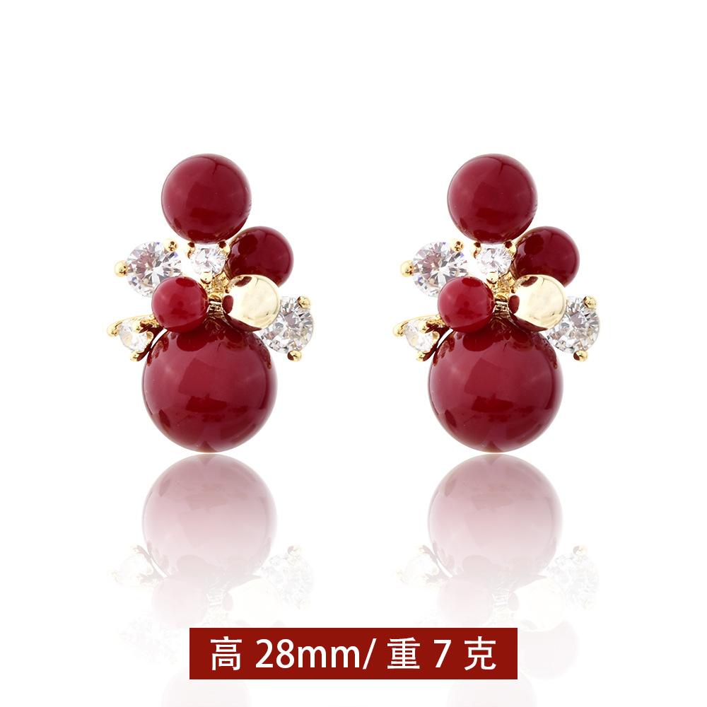 Autumn and winter new red retro pearl earrings fashion festive temperament versatile stud earrings Ankola red fireworks earrings