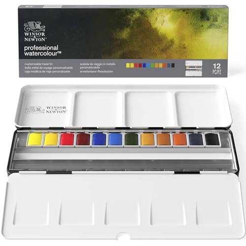 Winsor & Newton Professional Watercolor Customizable Travel Metal Box Set, Half Pans, 12 Colors (18809548)