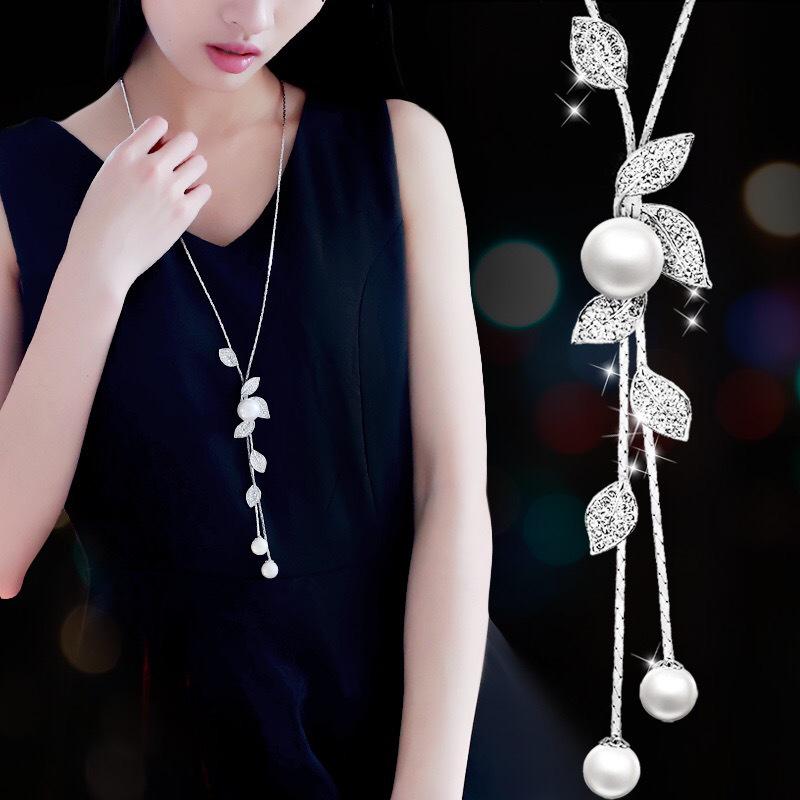 Japan and Korea Fashion Personalized Leaves Summer Festival High-rise Pearl Fringed Sweater Chain Long Versatile Accessories Necklace