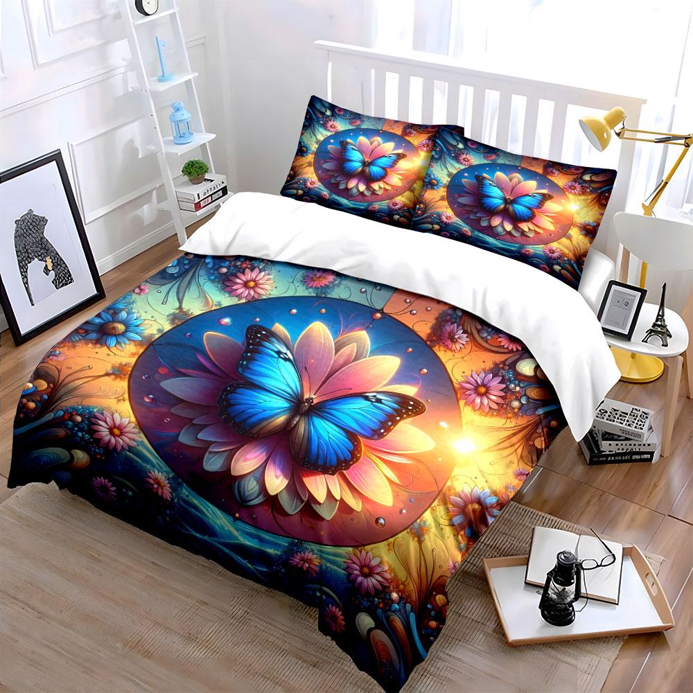 3Pcs Blue Butterfly and Lotus Bedding Set, Colorful Mandala Print Duvet Cover + 2 Pillowcases, Zen Nature Decor