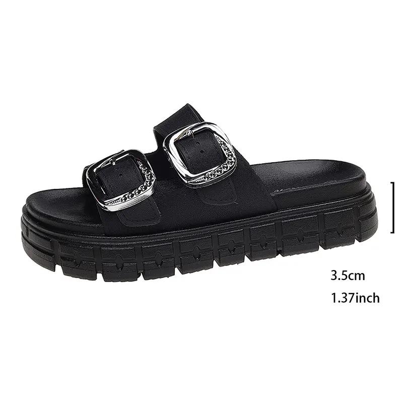 Metal Buckle Decor Flat Sandals Women Plus Size Thick Sole Chunky Platform Slippers 2025 Summer Comfort Non Slip Beach Slides