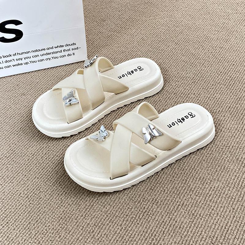 

One-word slippers women s summer wear double butterfly fashion wear wear-resistant non-slip cross-band flat beach shoes women s cool slippers 40/41 белый