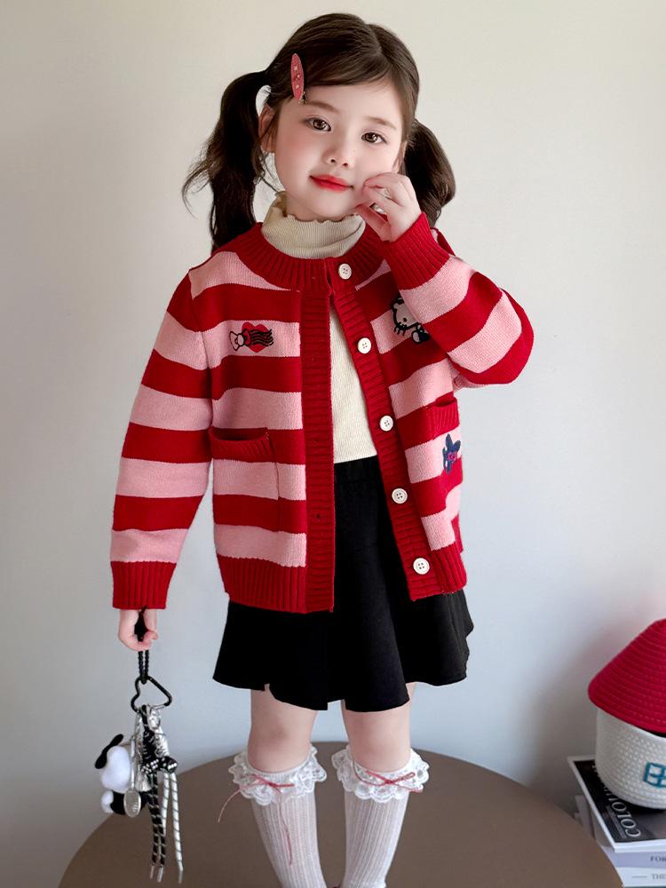 Girls' 2025 Autumn Knitted Cardigan Coat with Cat Cartoon Stripes