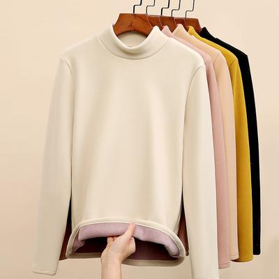 Women's Autumn Winter Pullover Long Sleeves Semi High Collar Thick Velvet Base Shirt Thickened Warm T Shirt Pullovers