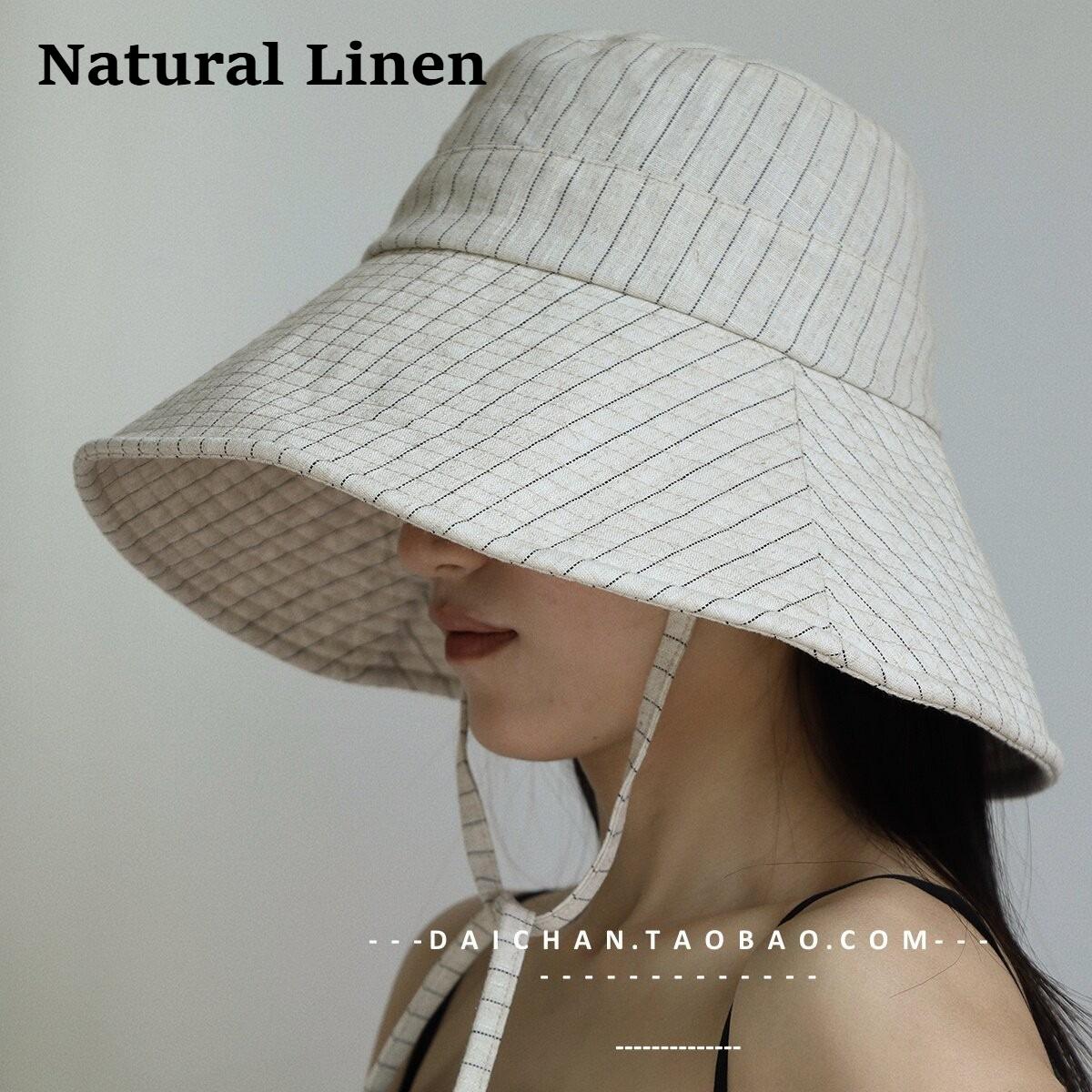 Freedom Outdoors Women's Black Japanese Linen Wide Brim Bucket Hat Protection Lace-Up Outdoor Sun Hat Summer Korea Woman Big Brim Casual Foldable Fisherman Hat 55-58Cm