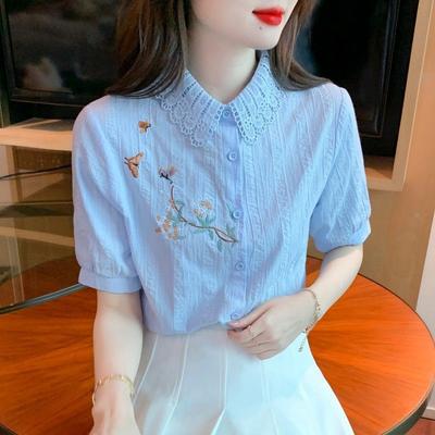 Embroidery Women Spring Autumn Blouses Shirts Lady Casual Long Sleeve Turn Down Collar Color