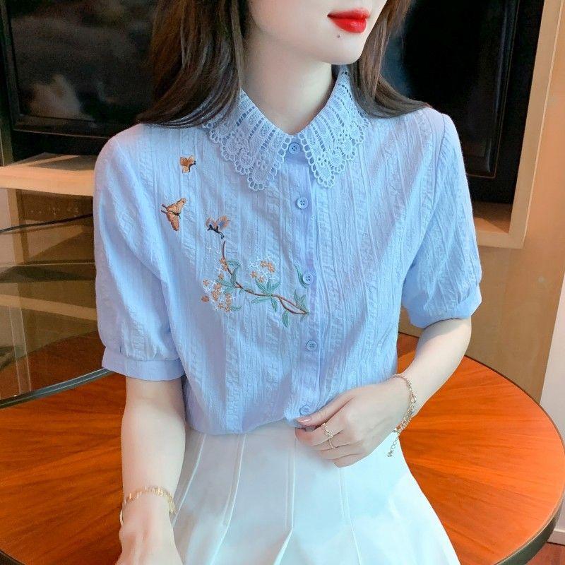 

Вышивка женские блузки весна осень рубашки женские повседневные с длинным рукавом отложной воротник однотонные блузы XS синий