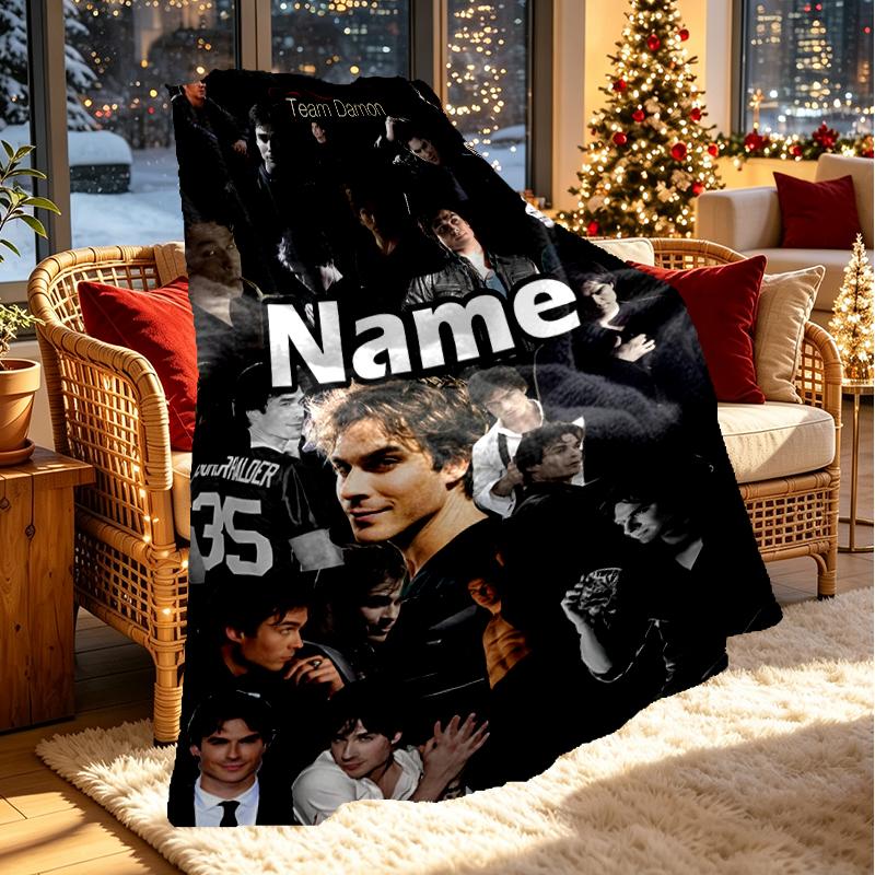 Custom Name Personalized Damon Salvatore Print Blanket, Home Decor, Bedroom, Sofa, Camping, Couch, Gifts for Birthday Christmas