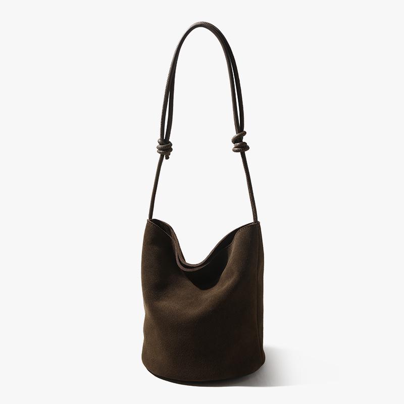 High-Mercerized Matte Cowhide Drawstring Bucket Bag - Retro Commuter Style Genuine Leather Women's Handbag with Large Capacity