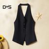 Chaleco de Traje Halter con Cuello en V para Mujer Abotonado Sin Espalda Blazer Chaleco sin Mangas Crop Camiseta sin Mangas Vintage Elegante