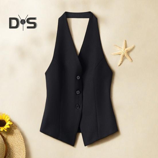 Chaleco de Traje Halter con Cuello en V para Mujer Abotonado Sin Espalda Blazer Chaleco sin Mangas Crop Camiseta sin Mangas Vintage Elegante