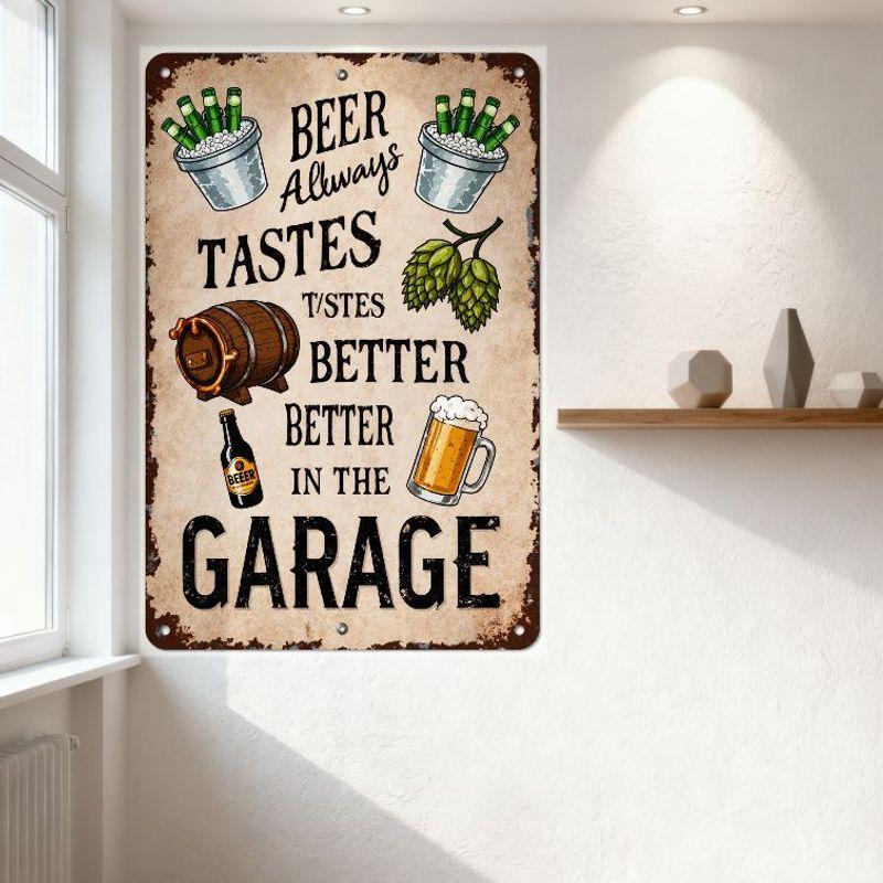 Vintage Beer Garage Metal Tin Sign with Buckets, Barrel, Mug & Hops - Retro Home Man Cave Bar Pub Wall Decor Art Gift