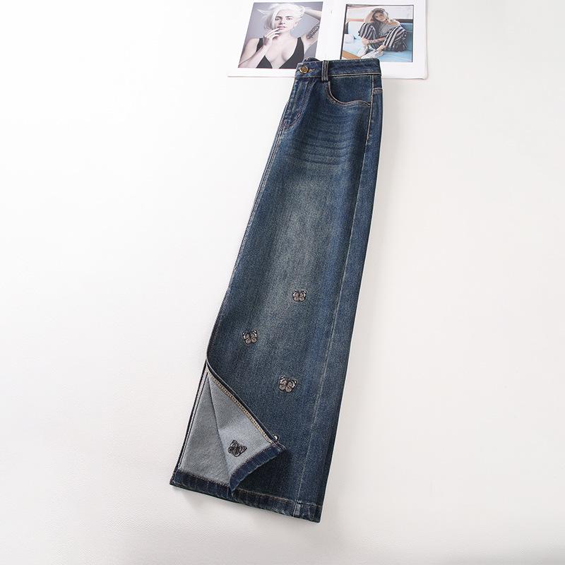 2024 New Women's High Waist Embroidered Denim Bodycon Midi Skirt with Front Slit for Spring & Autumn