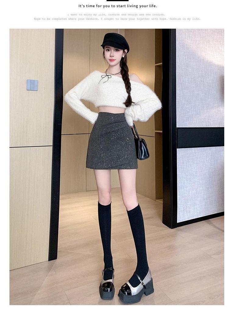 Gray Woolen Sequined Skirt: Women's Autumn/Winter 2025 French-Style High-End Heavy Work Short Skirt