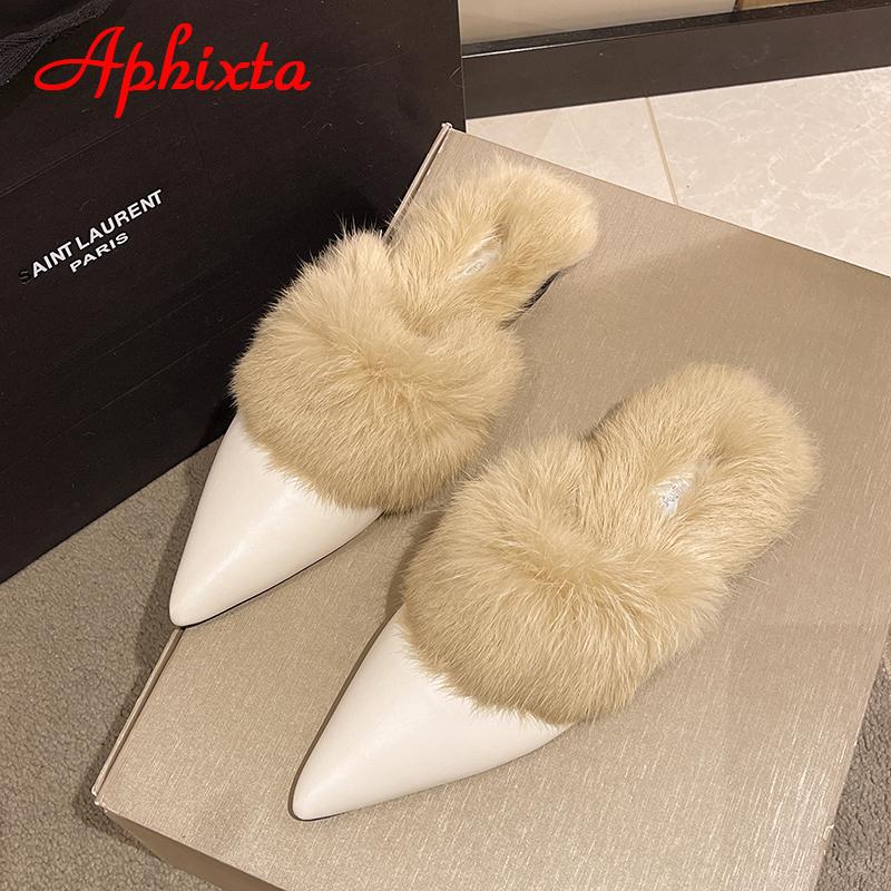 

Fashion Aphixta New Warm Winter Real Rabbit Fur Plush Women Slippers Birds Furry Plaid Shoes Pointed Toe Flat Heel Hair Slides 5