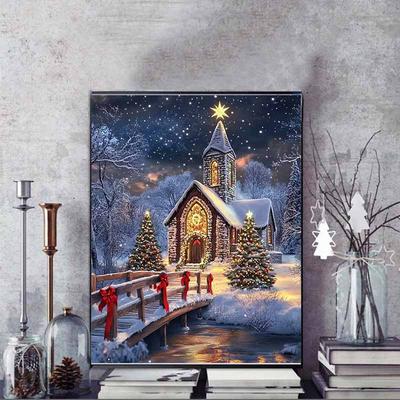 Weihnachtsschloss Vollbohrer Diamantmalerei Set, 5D Panorama-Kreuzstich Handwerk, DIY Runde Edelsteine Strasssteine Handwerk, Dekorative Heimwanddekorationen und Geschenke