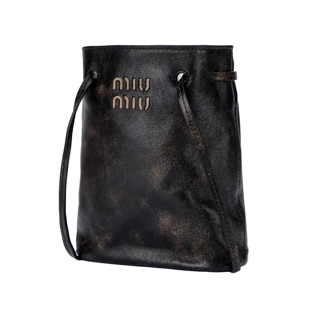 MIU MIU Nappa Embossed Letter Logo Adjustable Shoulder Strap Leather Mini Bucket Bag Women Shoulder Bags Brown 5NF460_AF6P_F0201