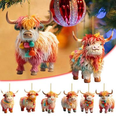 Christmas Cow Ornament Xmas Tree Cartoon Highland Cow Hanging Decorations 2D Flat Acrylic Pendant for Car Rearview Mirror Tree Decor